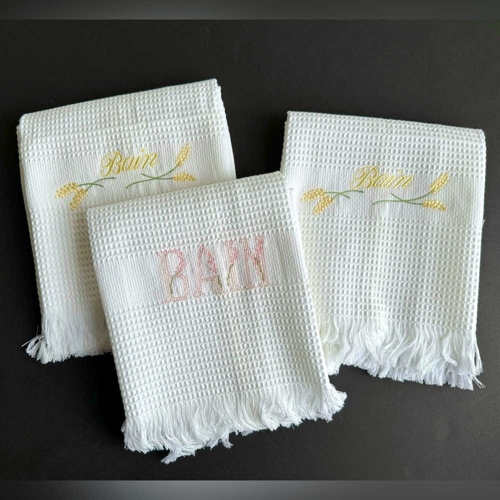 NWT (3) Marshall Fields FG Home Cotton Waffle Weave Embroidered Bath Hand Towels